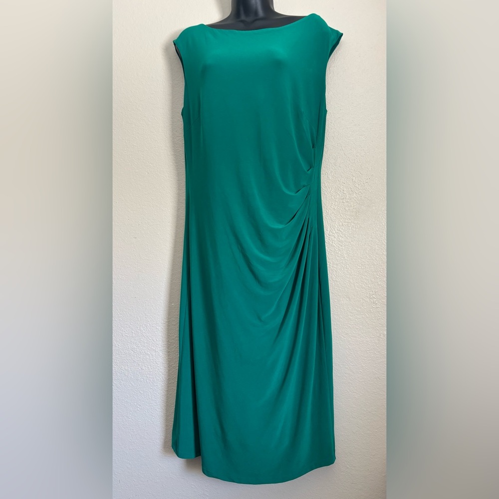 Lauren Ralph Lauren Green Asymmetrical Ruched Midi Dress Size 12